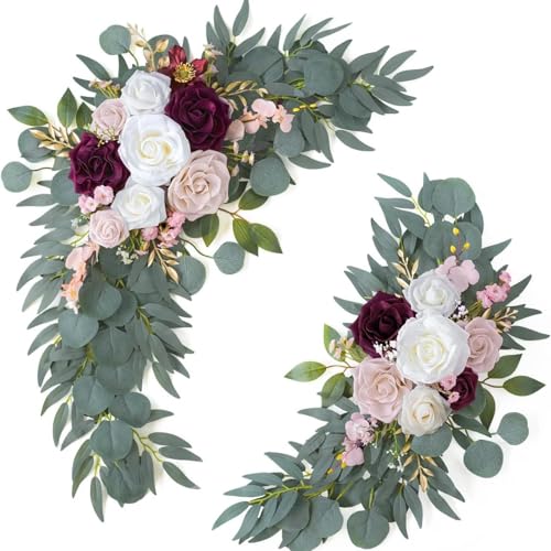 Künstliches Hochzeitsbogen Blumen Set, künstliche Rosen Blumen Swag, Eukalyptus Blättern, Dekorative Girlande mit Rosen Pfingstrose, künstliche Blumen Girlande mit Bändern (E) von VUKHWX