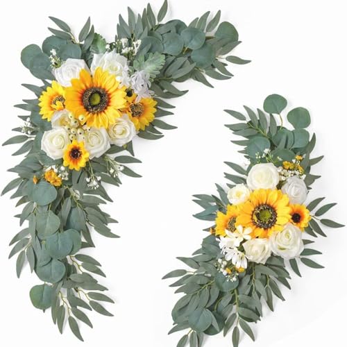 Künstliches Hochzeitsbogen Blumen Set, künstliche Rosen Blumen Swag, Eukalyptus Blättern, Dekorative Girlande mit Rosen Pfingstrose, künstliche Blumen Girlande mit Bändern (H) von VUKHWX
