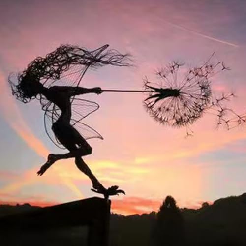 VUKHWX Feen Löwenzahn Kunst Skulptur Dance Together Yard Dekorationen Edelstahl Fee Ornamente Tanzende Feengarten Skulptur mit Löwenzahn für Außendekoration Metall (D) von VUKHWX