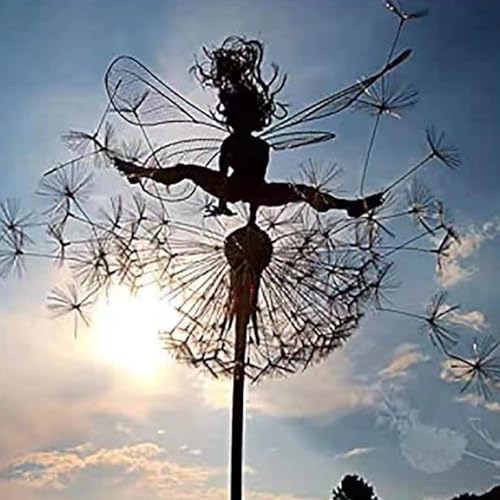 VUKHWX Feen Löwenzahn Kunst Skulptur Dance Together Yard Dekorationen Edelstahl Fee Ornamente Tanzende Feengarten Skulptur mit Pusteblume für Außendekoration Metall (H) von VUKHWX