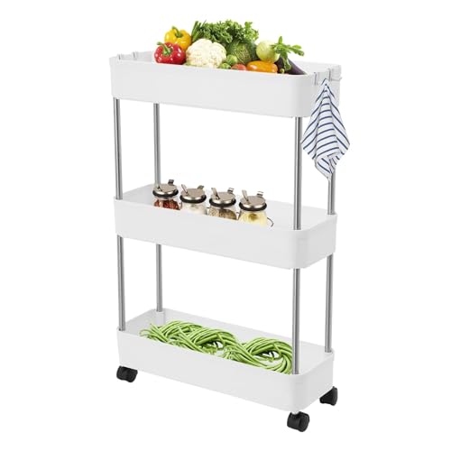VUKHWX Nischenregal 15cm, Nischenschrank 3 Ablagen,nischenwagen 15cm breit, rollwagen küche, Nischenwagen Küchenschrank Weiß mit Rollen,rollwagen Bad, Regal küche (Weiß) von VUKHWX