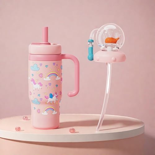 Walbrunnenbecher aus Edelstahl mit Griff, zwei Deckeln, auslaufsicher, spülmaschinenfest, niedlich und perfekt für Kinder, Jugendliche und Erwachsene. Walbecher, 680 ml Trinkbecher mit Walspritzer von VUKHWX
