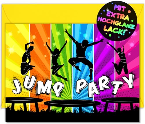 VULAVA 12x Jump Party EINLADUNGSKARTEN KINDERGEBURTSTAG Junge Mädchen + 12x Umschläge - die JUMP-PARTY Karten sind die Trampolin EINLADUNG für Jungen Kinder GEBURTSTAG Einladung Jump House HÜPFBURG von VULAVA