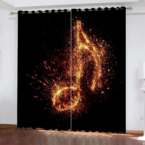 Musik Note Gardinen Blickdicht Vorhang Schwarze Farbe Goldene Farbe Thermo Vorhänge mit Ösen für Schlafzimmer Wohnzimmer Polyester Verdunklungsvorhänge Modern Kindergardine 150x166cm(BxH), 2er Set von VULORA