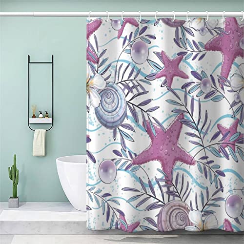 Tropische Pflanzen Duschvorhang Anti Schimmel 180x180 Muschel Seestern Wasserdicht Polyester Stoff Badevorhang Waschbar Badewanne Vorhang für Badezimmer mit 12 Duschvorhangringen Shower Curtains von VULORA