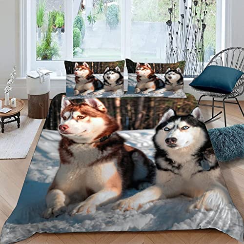 VULORA Bettwäsche 135x200 Husky Hund Bettbezug mit Reißverschluss, 100% Mikrofaser Bettwäsche-Sets für Junge Mädchen 3D Druck Winter Haustiere Kinderbettwäsche mit 2 Kissenbezüge 80x80 cm von VULORA