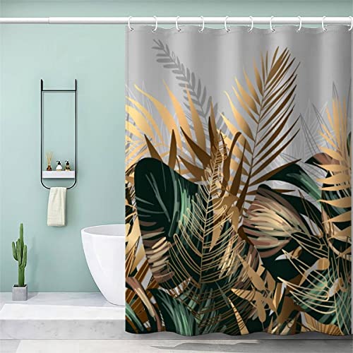 VULORA Duschvorhang Tropisches Palmblatt 180x200 Polyester Stoff Waschbar Textil Shower Curtains Anti-Schimmel Anti-Bakteriell Waschbar Badewanne Vorhang mit 12 Haken Gold Grün Badezimmer Badvorhang von VULORA