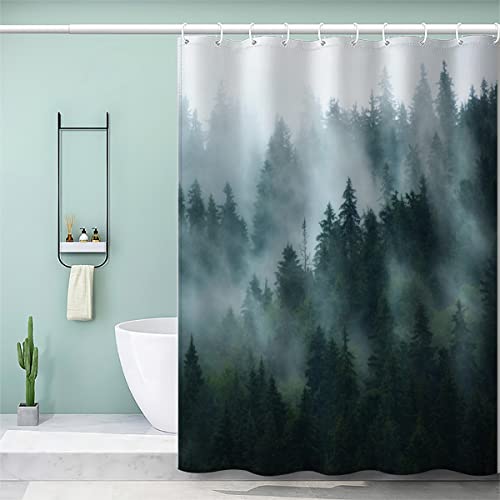 VULORA Duschvorhang Wald 180x180 Polyester Stoff Waschbar Textil Shower Curtains Anti-Schimmel Anti-Bakteriell Waschbar Badewanne Vorhang mit 12 Haken Tannenwald Badezimmer Badvorhang von VULORA