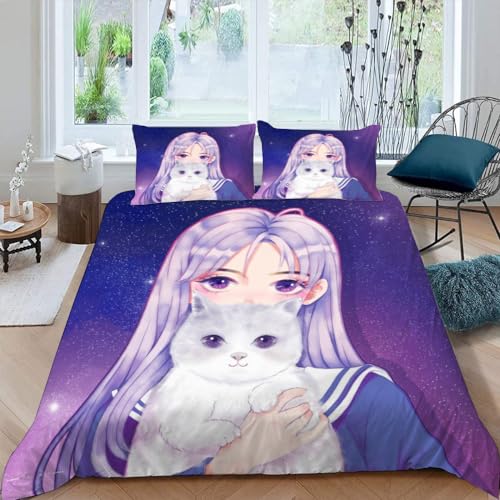 VULORA Japan Manga Kinderbettwäsche 135x200 Anime Girl 3D Druck Bettwäsche-Sets 3Teilig für Jungen Mädchen Teenager Weich Mikrofaser Bettbezug mit Reißverschluss und 2 Kissenbezüge 80x80cm von VULORA