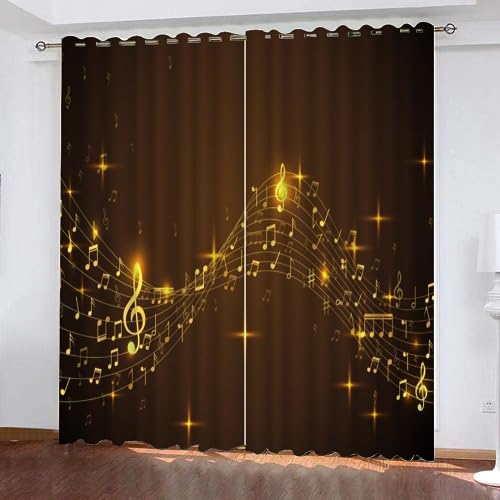 VULORA Musik Note Vorhänge 3D Blickdichte Gardinen Gold Verdunkelungsvorhang mit Ösen für Jungen Mädchen Schlafzimmer Wohnzimmer Thermo Kälteschutz Vorhänge 140x160cm(BxH), 2er Set von VULORA