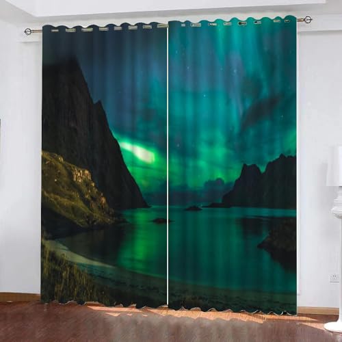 VULORA Nordlichter Gardinen Blickdicht Vorhang Berge Natur Thermo Vorhänge mit Ösen für Schlafzimmer Wohnzimmer Polyester Verdunklungsvorhänge Modern Kindergardine 234x183cm(BxH), 2er Set von VULORA