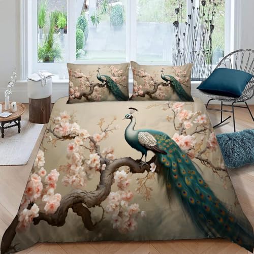 VULORA Pfau Blume Kinderbettwäsche 135x200 Tiere Rosa 3D Druck Bettwäsche-Sets 3Teilig für Jungen Mädchen Teenager Weich Mikrofaser Bettbezug mit Reißverschluss und 2 Kissenbezüge 80x80cm von VULORA