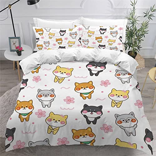 VULORA Shiba Inu Kinderbettwäsche 135x200 Tiere, Haustiere 3D Druck Bettwäsche-Sets 3Teilig für Jungen Mädchen Teenager Weich Mikrofaser Bettbezug mit Reißverschluss und 2 Kissenbezüge 80x80cm von VULORA