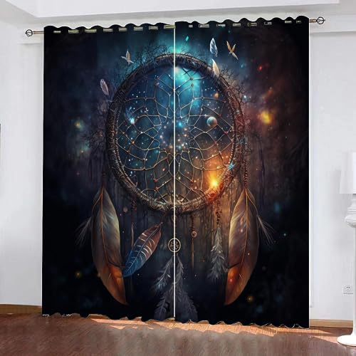 VULORA Traumfänger Vorhänge 3D Blickdichte Gardinen Feder Verdunkelungsvorhang mit Ösen für Jungen Mädchen Schlafzimmer Wohnzimmer Thermo Kälteschutz Vorhänge 220x215cm(BxH), 2er Set von VULORA