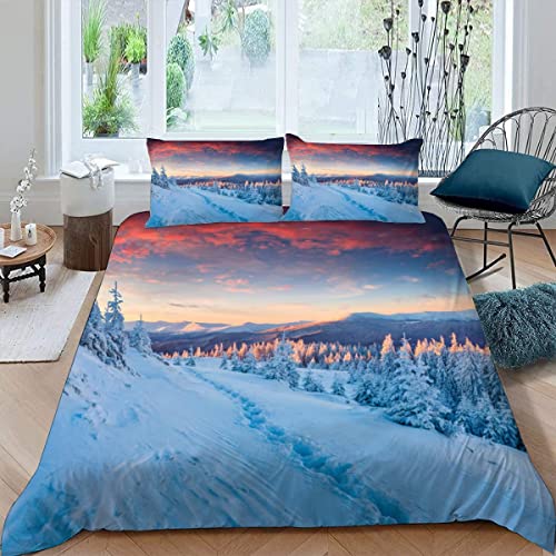 VULORA Winterlandschaft Kinderbettwäsche 135x200 Sonnenuntergang 3D Druck Bettwäsche-Sets 3Teilig für Jungen Mädchen Teenager Weich Mikrofaser Bettbezug mit Reißverschluss und 2 Kissenbezüge 80x80cm von VULORA