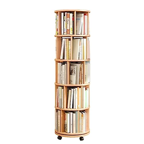 VUVCPOPB Bücherregal, um 360° drehbares Bücherregal aus Gummibaumholz, stehendes Bücherregal, bodenstehendes Bücherregal auf Rädern, Turm-Bücherregal-Organizer, platzsparend von VUVCPOPB