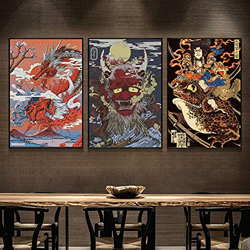 VVBGL Drachen und Monster Leinwand Bild Retro Japanisch Ukiyo-E Wand Bilder Abstrakte Poster Kunstdruck Modernen Stil Zimmer Wanddekor Bild 40x60cmx3 Kein Rahmen von VVBGL