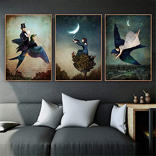 VVBGL Gentleman Bird Poster Mädchen Mond Leinwand Bild Surrealismus Nachthimmel Wand Bilder Home Wohnzimmer Schlafzimmer Wanddekoration Bild 40x60cmx3 Kein Rahmen, Schwarz & Weiß von VVBGL