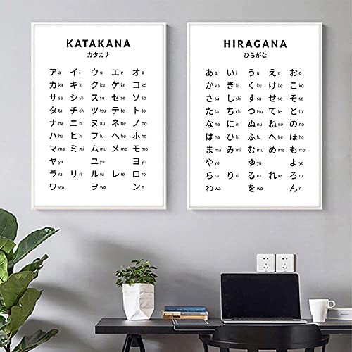 VVBGL Hiragana Und Katakana Diagramm Schwarz Weiß Japanisches Alphabet Poster Japan Kultur Wand Bilder Bild Leinwand Bild Büro Wohnkultur 50x70cmx2 Kein Rahmen von VVBGL