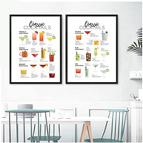 VVBGL Klassische Cocktails Guide Rezept Poster Cocktail Lover Geschenk Leinwand Bild Getränkekarte Wand Bilder Bild Bar Restaurant Wohnkultur 50x70cmx2 Kein Rahmen, Schwarz & Weiß von VVBGL