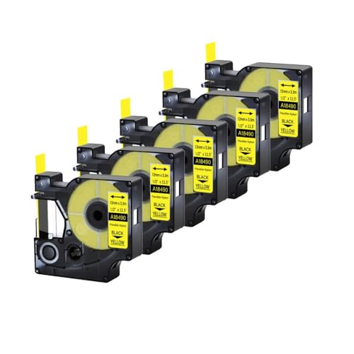12mm 5pcs 18488 18490 Band, kompatibel mit 5200 4200 6000 Etikettendrucker(Black on Yellow) von VVHKMSIL