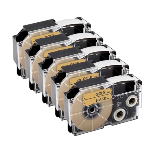 VVHKMSIL 5pk 9mm XR12WE kompatibles Etikettband funktioniert mit XR-12WE XR-12YW XR-9WE XR-9YW XR-12X Fits KL-60 KL-60SR KL-100 Label Maker(Black on Gold) von VVHKMSIL