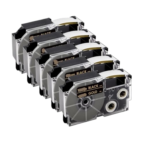 VVHKMSIL 5pk 9mm XR12WE kompatibles Etikettband funktioniert mit XR-12WE XR-12YW XR-9WE XR-9YW XR-12X Fits KL-60 KL-60SR KL-100 Label Maker(Gold on Black) von VVHKMSIL