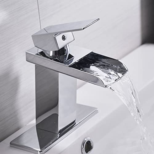 Badezimmer-Waschtischarmaturen, verchromter Wasserfall-Badezimmer-Wasserhahn, offener Auslauf, moderner Waschtisch-Mischbatterie, Einhebelmischer, 1 Loch, mit Pop-Up-Ablaufstopfen, mit von VVHUDA