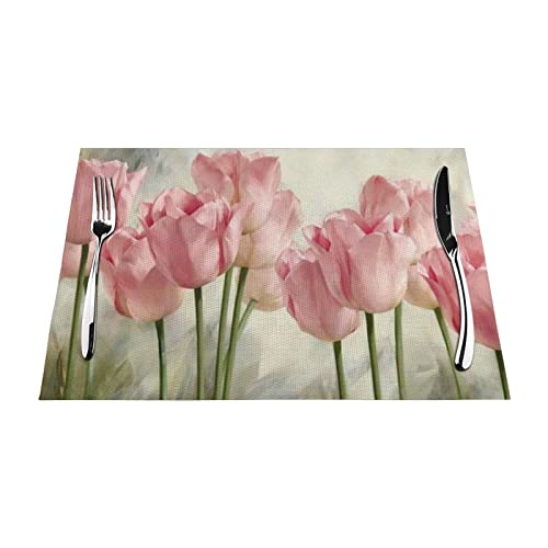 Platzsets mit rosa Tulpen, bedruckt, 4 Stück, hitzebeständig, PVC, gewebt, 45 x 30 cm von VVIEER