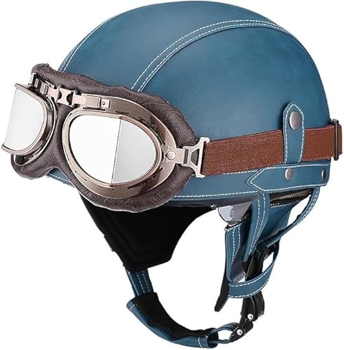 VVPEC ECEDOT Zulassung Leder Halbschalenhelm, Retro Motorrad Halbhelm mit Brille, Schnellverschluss Schnalle, Erwachsene Halbschale Jet-Helm, Cruiser, Scooter Helm Vintage(13,L=59~60cm) von VVPEC