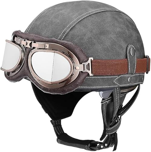 VVPEC ECEDOT Zulassung Leder Halbschalenhelm, Retro Motorrad Halbhelm mit Brille, Schnellverschluss Schnalle, Erwachsene Halbschale Jet-Helm, Cruiser, Scooter Helm Vintage(15,XL=61~62cm) von VVPEC