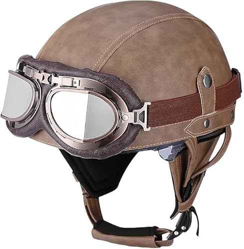 VVPEC ECEDOT Zulassung Leder Halbschalenhelm, Retro Motorrad Halbhelm mit Brille, Schnellverschluss Schnalle, Erwachsene Halbschale Jet-Helm, Cruiser, Scooter Helm Vintage(5,S=55~56cm) von VVPEC