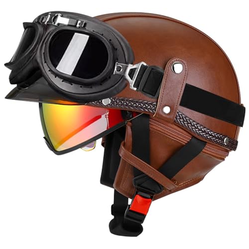 VVPEC Halbschalenhelm ECEDOT Zertifiziert, Jethelm Retro, Vintage Motorrad Helm, Scooter-Helm, Offenem Helm, mit Brille Halbhelm für Männer Frauen(10,L=59~60cm) von VVPEC