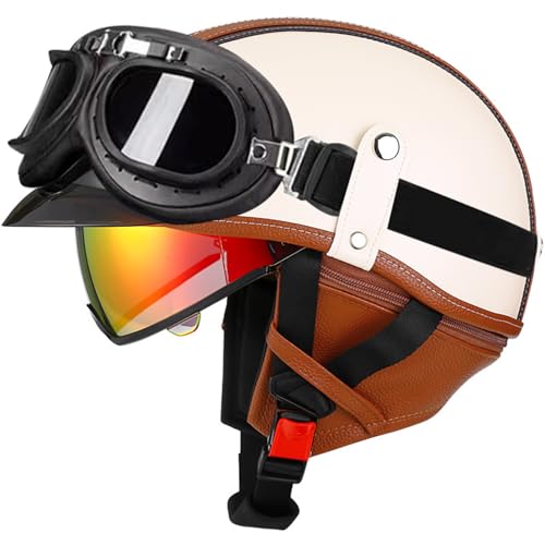 VVPEC Halbschalenhelm ECEDOT Zertifiziert, Jethelm Retro, Vintage Motorrad Helm, Scooter-Helm, Offenem Helm, mit Brille Halbhelm für Männer Frauen(4,2XL=63~64cm) von VVPEC