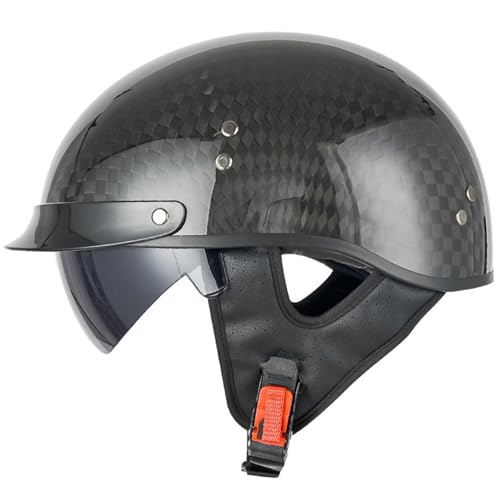 VVPEC Halbschalenhelm ECEDOT Zertifizierung Kohlefaser Jethelm Retro mit Visier Motorrad-Helm Brain-Cap Halbschale Retro Roller Helm Moped Halbschale Scooter-Helm Retro Half Helm ​für Cruiser Chopper( von VVPEC