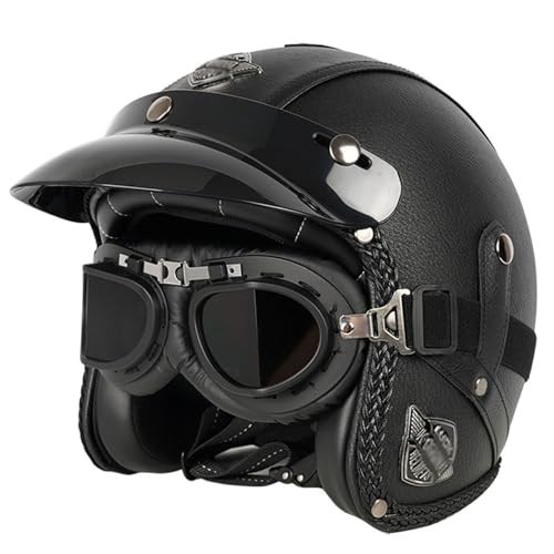 VVPEC Leder Jethelm Retro Helm mit Brille Leder-Jethelm 3/4-Motorrad-Halbschutzhelm für Erwachsene Abnehmbare Krempe ECEDOT Zulassung Sturzhelme für Männer und Frauen Moped Roller(7,L=59~60cm) von VVPEC