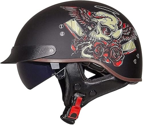 VVPEC Motorrad Halbhelme Brain-Cap mit ECE Genehmigt mit Visier Brain-Cap Halbschale Roller-Helm Scooter-Helm Jet-Helm Retro Für Erwachsene Herren Damen(16,L=59~60CM) von VVPEC