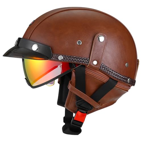 VVPEC Motorrad Halbhelme Brain-Cap mit ECEDOT Genehmigt mit Visier Brain-Cap Halbschale Roller-Helm Scooter-Helm Jet-Helm Retro Für Erwachsene Herren Damen(11,L=59~60cm) von VVPEC