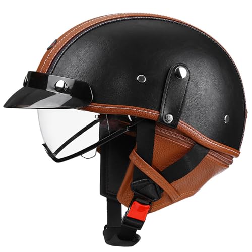 VVPEC Motorrad Halbhelme Brain-Cap mit ECEDOT Genehmigt mit Visier Brain-Cap Halbschale Roller-Helm Scooter-Helm Jet-Helm Retro Für Erwachsene Herren Damen(9,L=59~60cm) von VVPEC