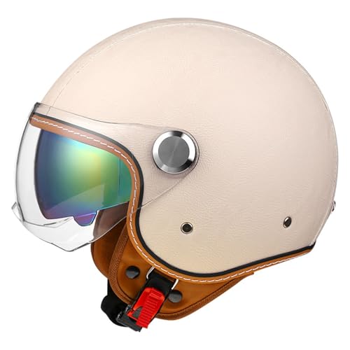 VVPEC Motorrad Jethelm Retro Jethelm Aus LederMit Doppelspiegel, Halbhelm for Erwachsene, ECEDOT geprüft, 3/4-Helme for Herren Und Damen, Moped Und Rollerhelm(13,L=59~60cm) von VVPEC