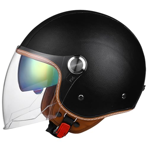 VVPEC Motorrad Jethelm Retro Jethelm Aus LederMit Doppelspiegel, Halbhelm for Erwachsene, ECEDOT geprüft, 3/4-Helme for Herren Und Damen, Moped Und Rollerhelm(8,M=57~58cm) von VVPEC