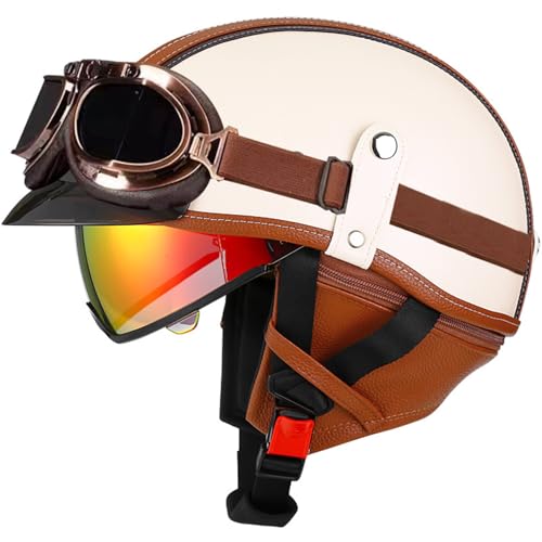 VVPEC Retro Motorrad Halbhelme Leder Brain-Cap Mit Schutzbrille, Deutscher Stil Halbschale Helm, Jethelme ECEDOT Zertifizierung Halbhelm Männern und Frauen für Scooter Moped Cruiser Motorrad(5,XL=61~6 von VVPEC