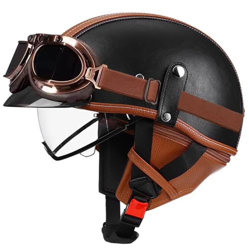 VVPEC Retro Motorrad Halbhelme Leder Brain-Cap Mit Schutzbrille, Deutscher Stil Halbschale Helm, Jethelme ECEDOT Zertifizierung Halbhelm Männern und Frauen für Scooter Moped Cruiser Motorrad(9,L=59~60 von VVPEC