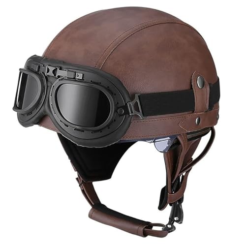 VVPEC Retro Motorrad Halbhelme Leder Halbschale Herren Damen· Brain-Cap Jet-Helm Scooter-Helm Mofa-Helm Retro Motorrad Half Helm mit Brille,ECEDOT Zertifizierter(6,XL=61~62cm) von VVPEC