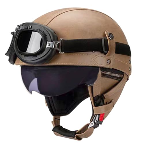 VVPEC Retro Motorrad Halbhelme Leder Halbschalenhelme Deutscher Stil Roller Cruiser Chopper Anti-Collision Helm Abnehmbarer Gehörschutz mit Schutzbrille ECEDOT Zertifiziert Roller-Helm Scooter Mofa-He von VVPEC