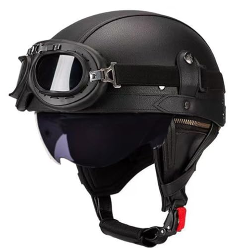 VVPEC Retro Motorrad Halbhelme Leder Halbschalenhelme Deutscher Stil Roller Cruiser Chopper Anti-Collision Helm Abnehmbarer Gehörschutz mit Schutzbrille ECEDOT Zertifiziert Roller-Helm Scooter Mofa-He von VVPEC