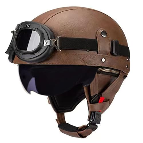 VVPEC Retro Motorrad Halbhelme Leder Halbschalenhelme Deutscher Stil Roller Cruiser Chopper Anti-Collision Helm Abnehmbarer Gehörschutz mit Schutzbrille ECEDOT Zertifiziert Roller-Helm Scooter Mofa-He von VVPEC