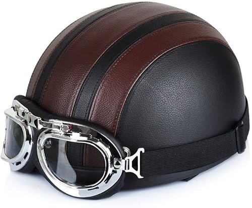 VVPEC Retro Oldtimer Halbschale Jet-Helm Leder Motorrad-Helm Brain-Cap mit Schutzbrille,DOT/ECE-Zulassung Roller-Helm Scooter-Helm Retro Motorrad Half Helm Herren Damen (Color : 3, Size : 54-60CM) von VVPEC