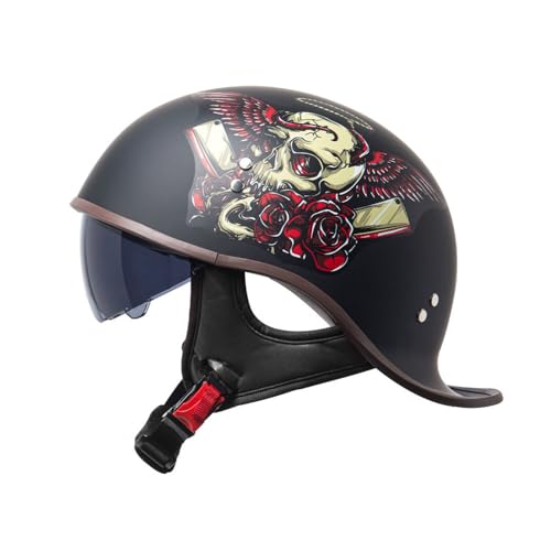 VVPEC Retro Oldtimer Halbschale Jet-Helm Motorrad-Helm Brain-Cap,ECEDOT Zulassung Halbschale Motorrad-Helm Jet-Helm Roller-Helm Scooter-Helm Retro Motorrad Half Helm mit Built-in Visier(18,M=57~58cm) von VVPEC
