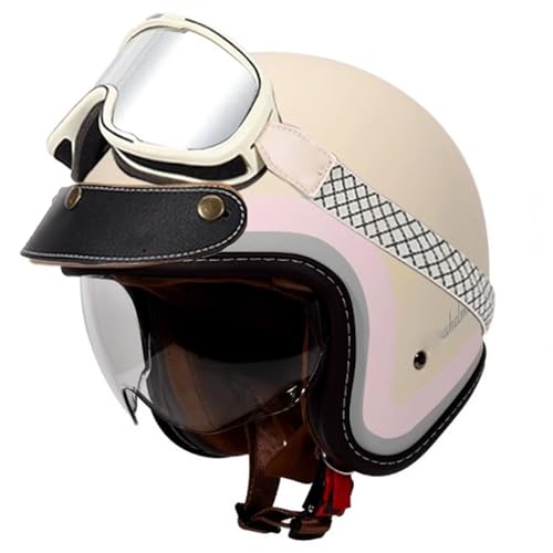 VVPEC Retro Oldtimer Jethelme Halbschale Jet-Helm Motorrad-Helm Brain-Cap,DOTECE-Zulassung Halbschale Motorrad-Helm Jet-Helm Roller-Helm Scooter-Helm Retro Motorrad Half Helm mit Schutzbrille(15,L=59~ von VVPEC